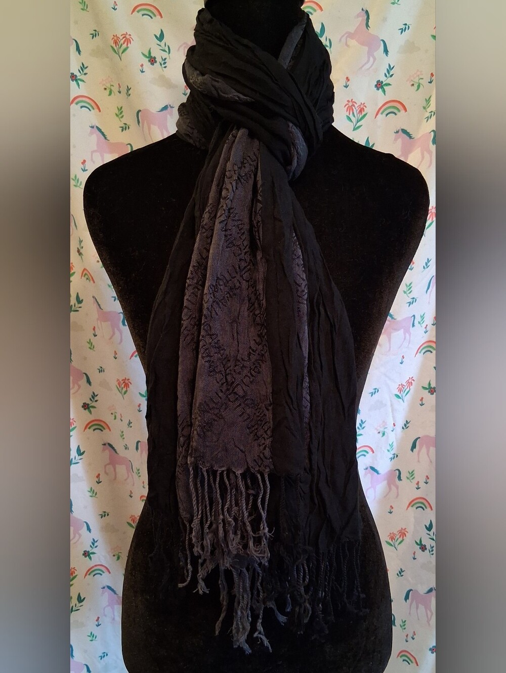 EUC Vintage Y2K Roberto Cavalli Black & Grey Devore Burn Out Wool & Silk Scarf